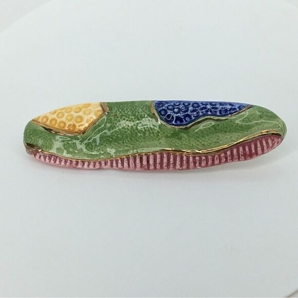 Handmade Statement Glazed Pottery Abstract Gold Oval Brooch Pin Artsy - Picture 3 of 9